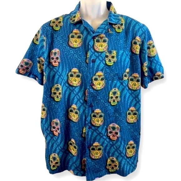 ONE Resolution Men’s Tropical Skull Print Teal Button Down Shirt Size M - Picture 1 of 6
